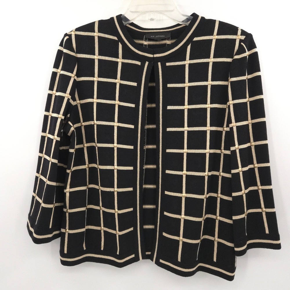 St. John Windowpane Studded Cardigan Jacket Women 14 Santana Knit Black gold